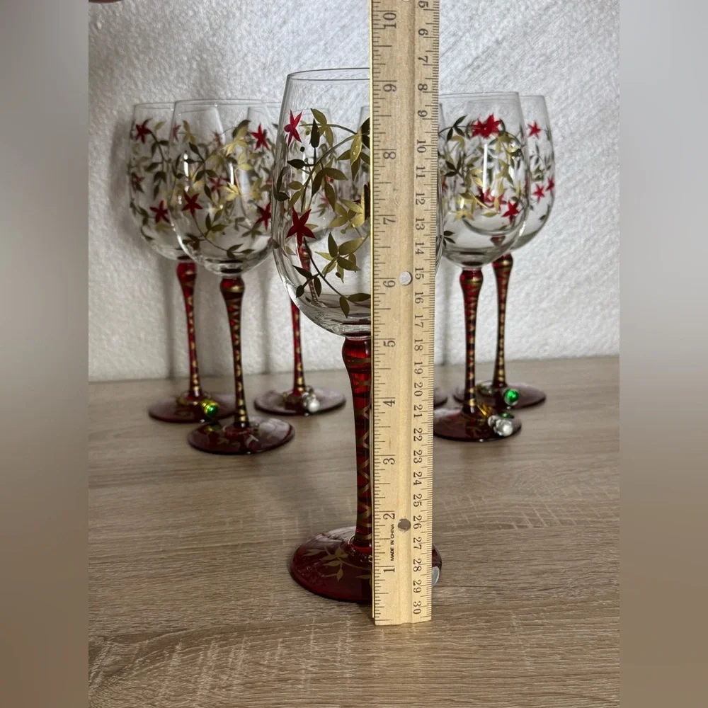 Pier 1 Hand Painted Floral Designs Gold Leaf Glass Water Goblet Set of 7 Glasses